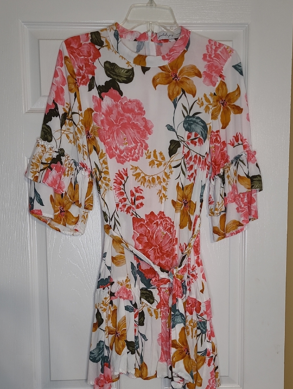 Floral Tie-Waist Women’s Dress in White with Pink & Gold Flowers